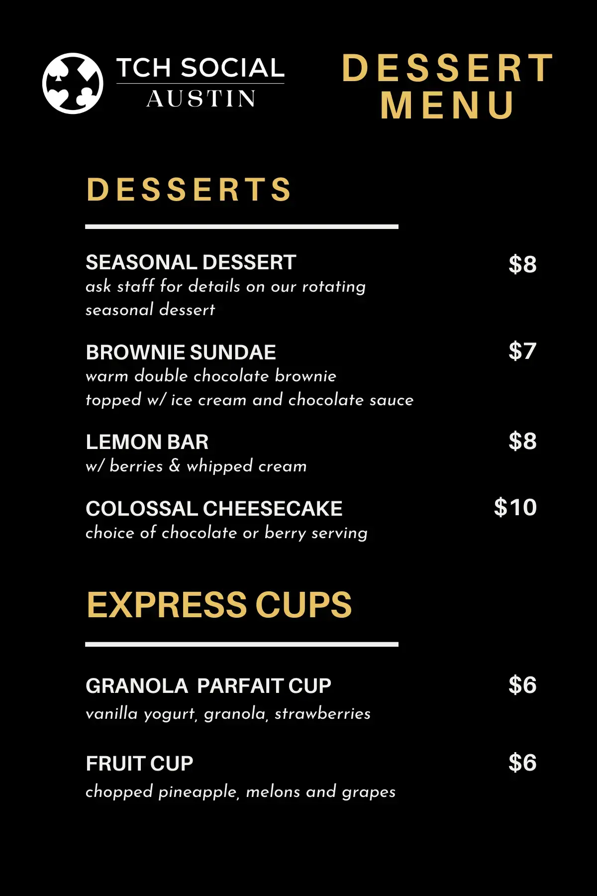 Dessert Menu at TCH Social Austin