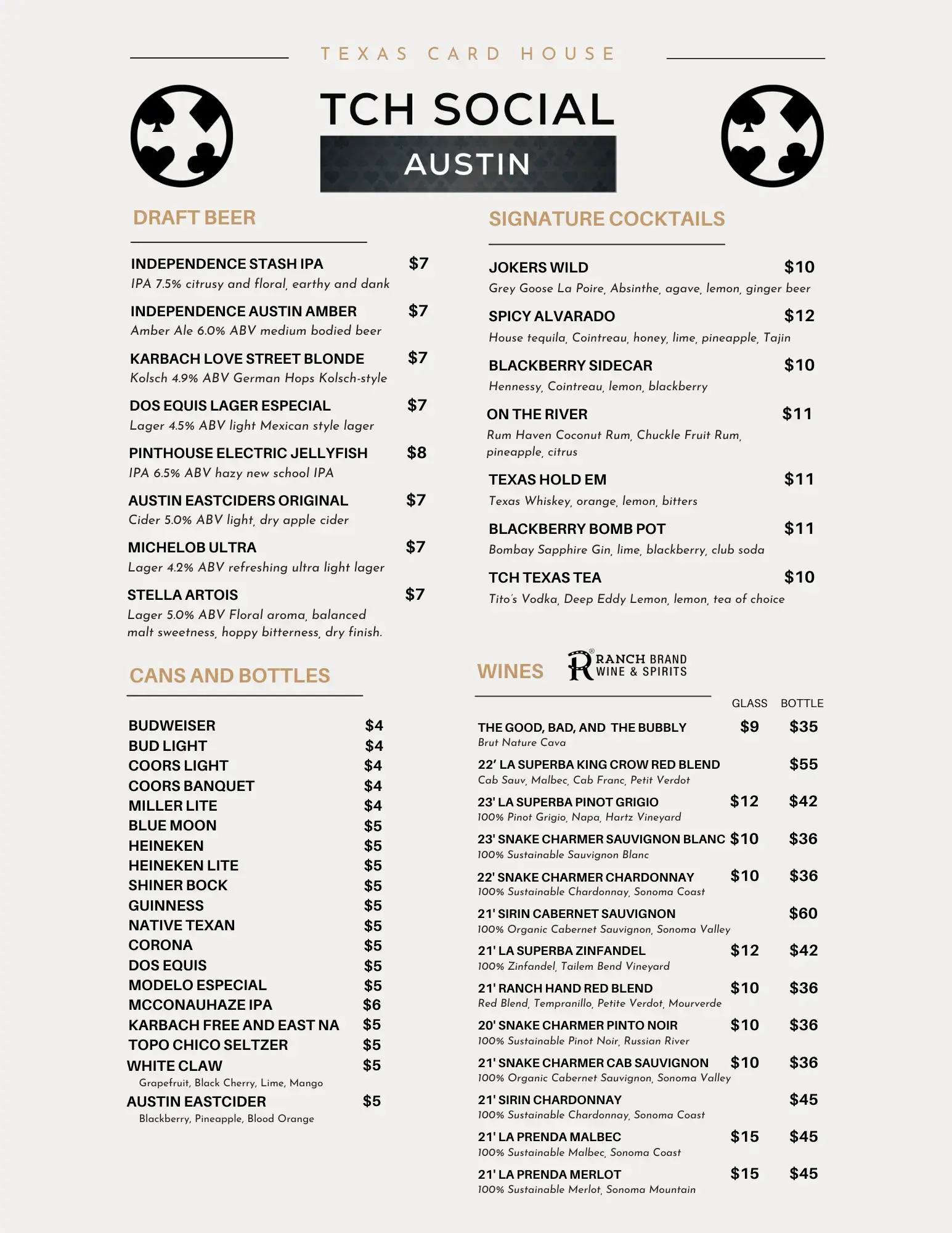 Drink Menu at TCH Social Austin