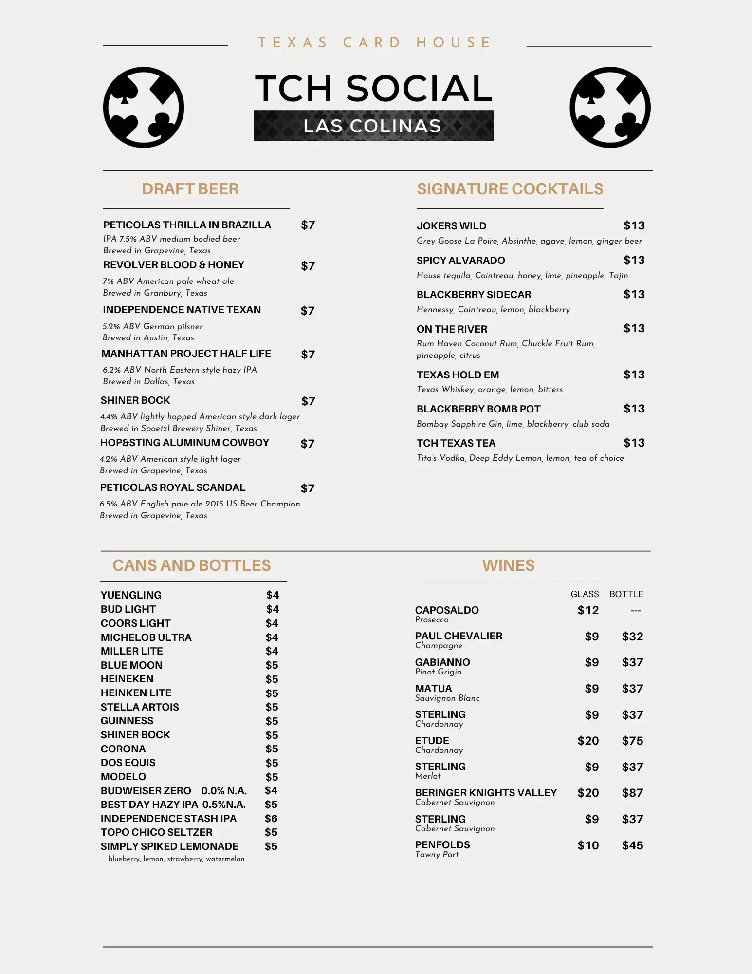 Drink Menu at TCH Social Las Colinas