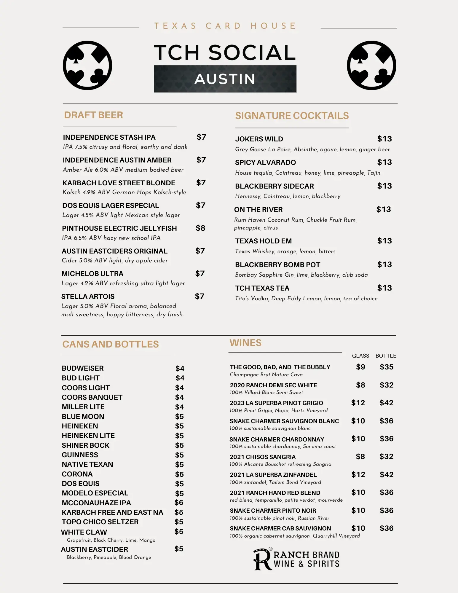 Drink Menu for TCH Social Austin